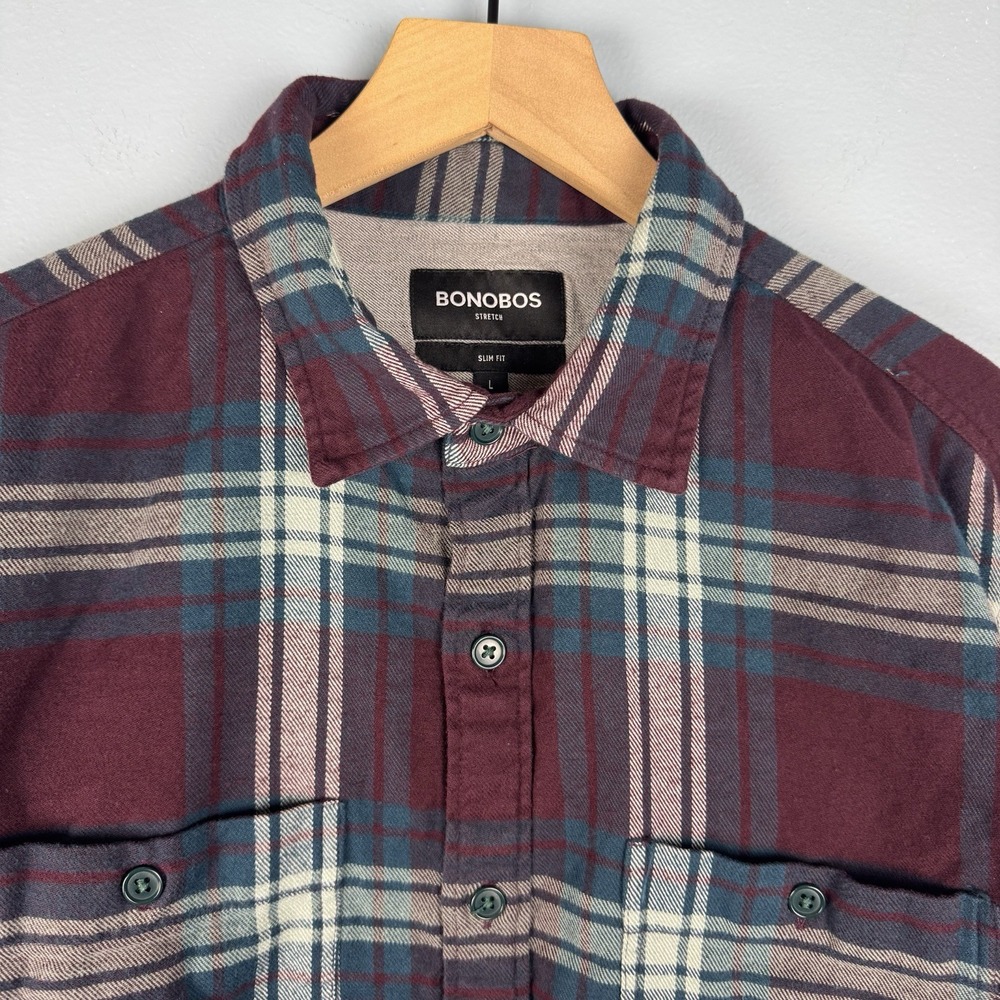Bonobos Mens Large Burgundy Plaid Stretch Slim Fit Long Sleeve Button Down Shirt